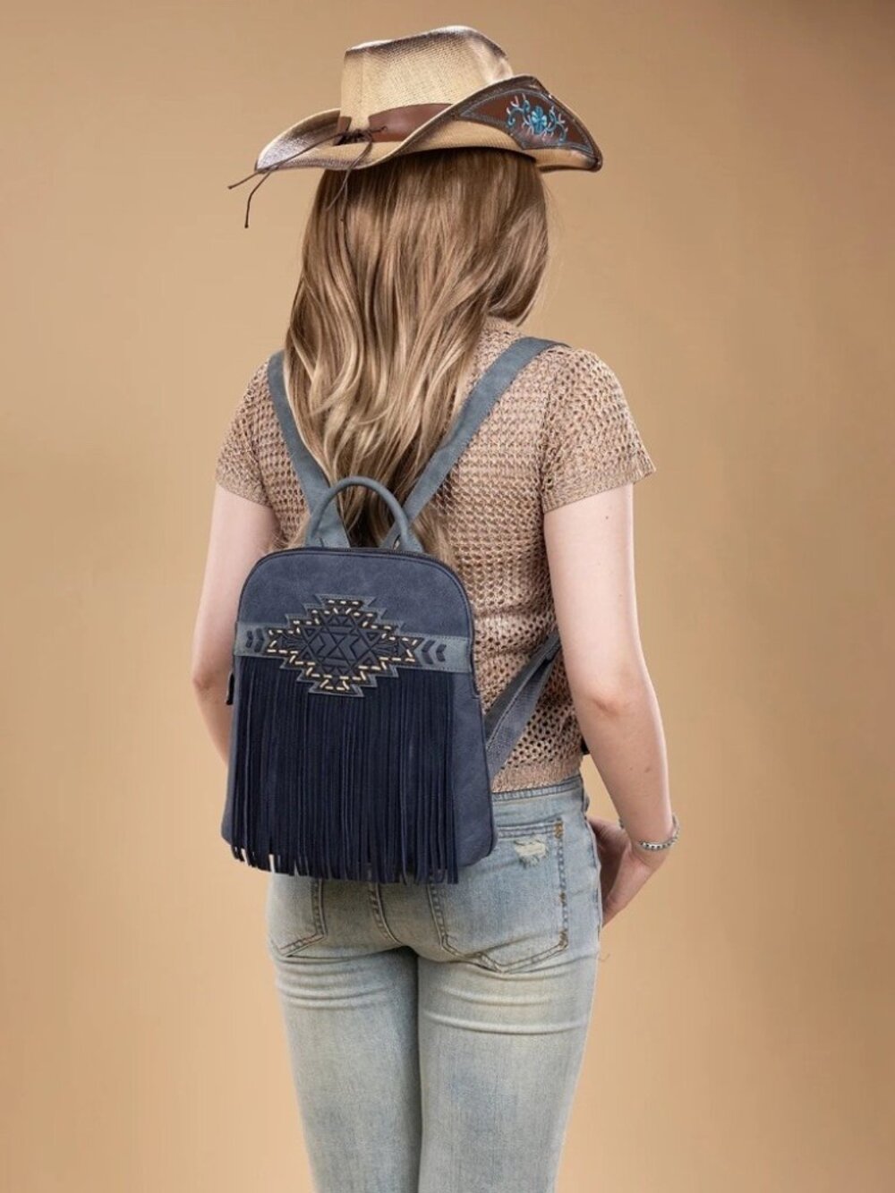 Trinity Ranch Aztec Tooled Fringe Concealed Carry Backpack Navy - Picture 3 of 5